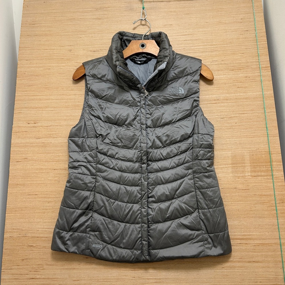 The North Face Womens 550 Down Puffer Vest Gray Full Zip Mock Neck Small 5556